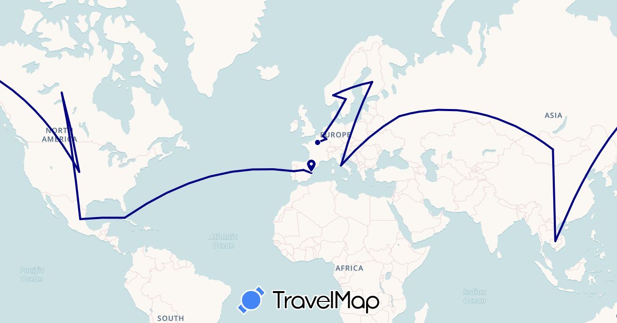 TravelMap itinerary: driving in Belgium, Canada, Cuba, Denmark, Spain, Finland, France, Italy, Cambodia, Luxembourg, Mongolia, Mexico, Norway, Portugal, Russia, Sweden, United States (Asia, Europe, North America)